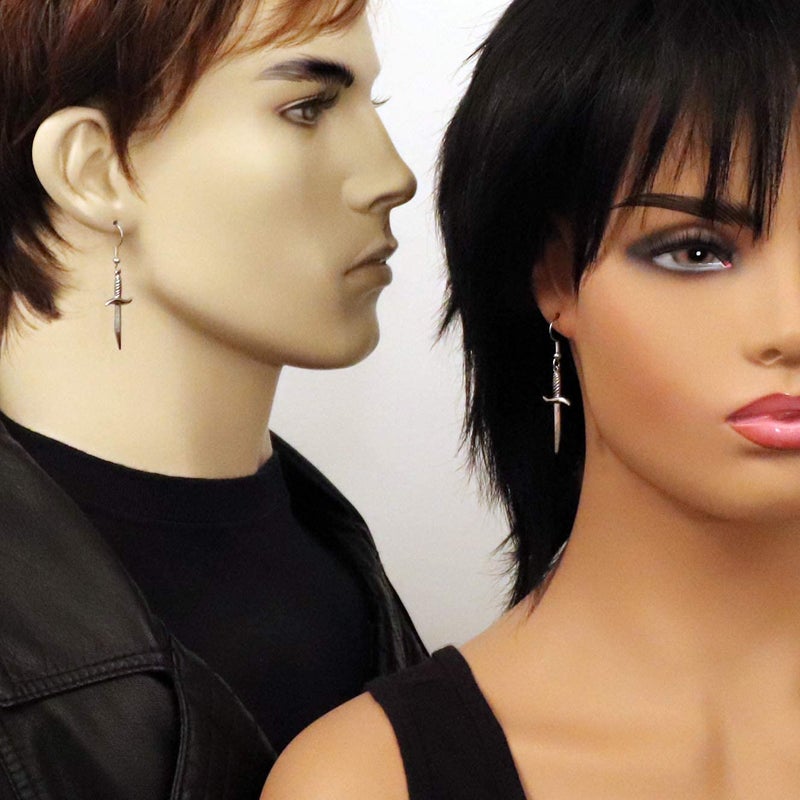 Real Metal Gothic Dagger Sword Pirate Medieval Renaissance Silver Finish Dangle Earrings - Image 2